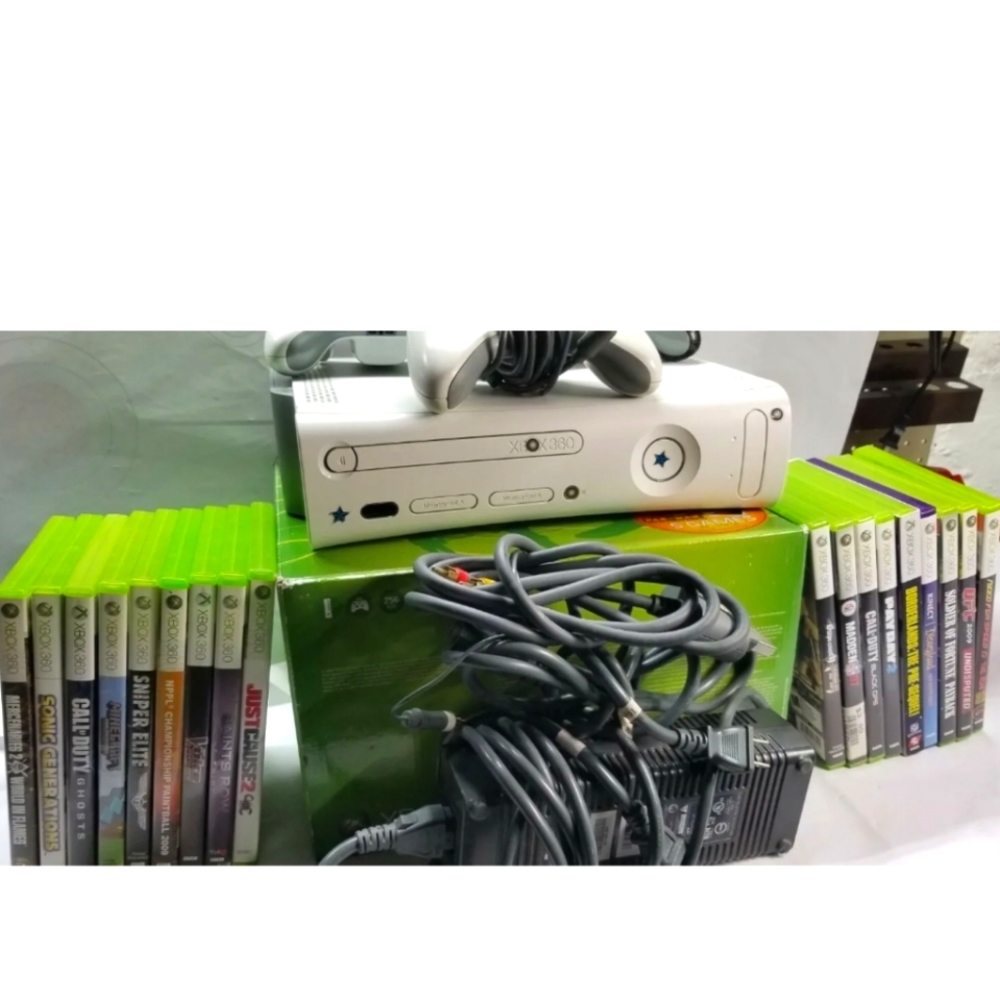 XBOX 360 with Box, 2 wireless remotes, 1 wired remote, 18 games, Ext. hard drive